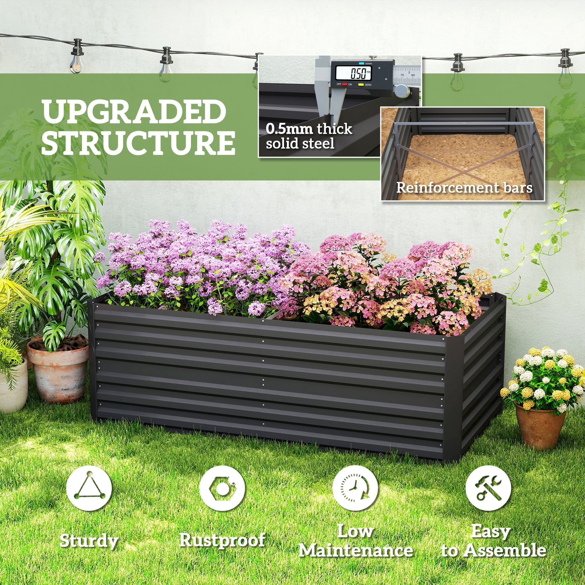 Black outsunny raised bed garden planter in 90cm size made of galvanised steel with protective coating and reinforced bars