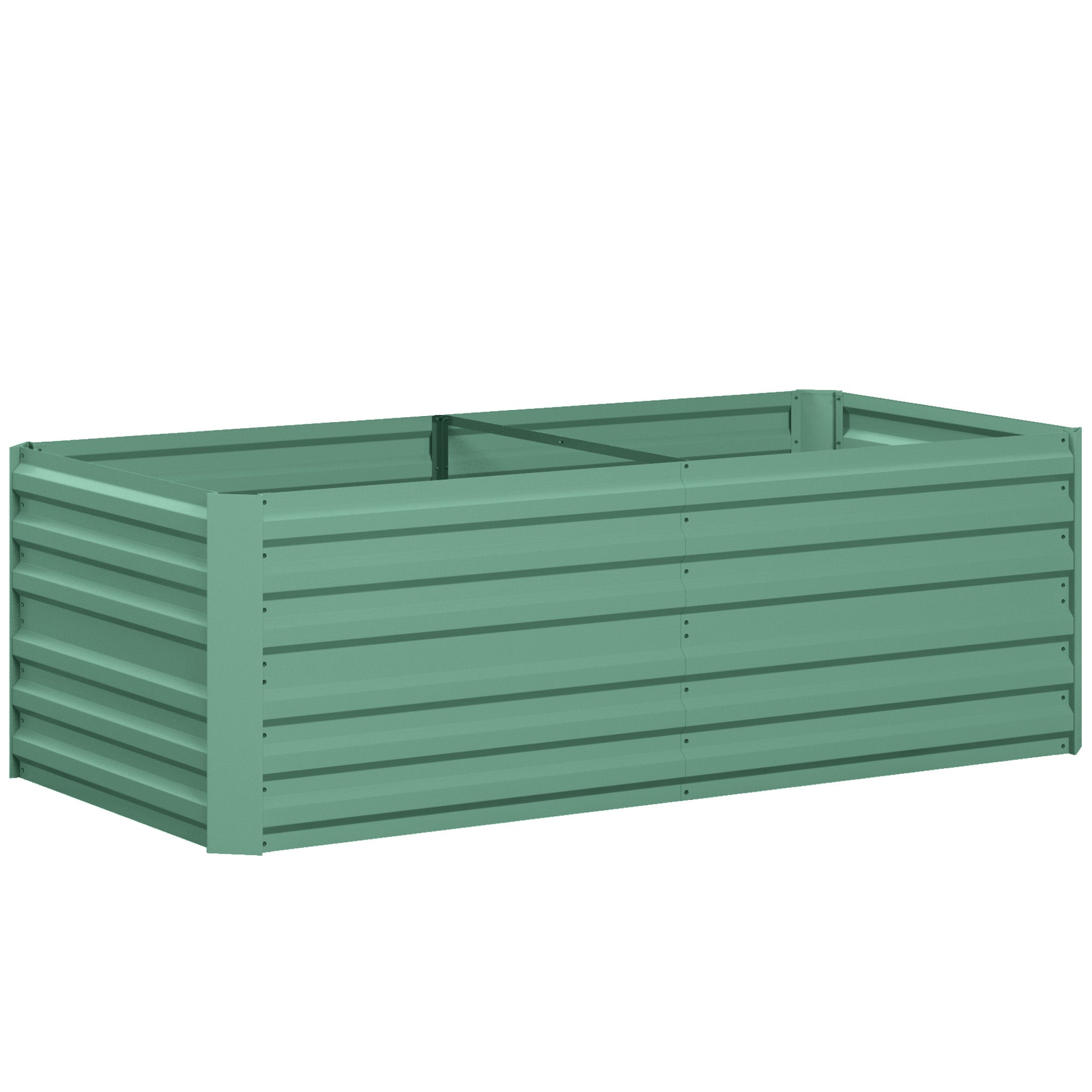 Green corrugated galvanised steel garden planter with internal divider and protective coating in 90cm size