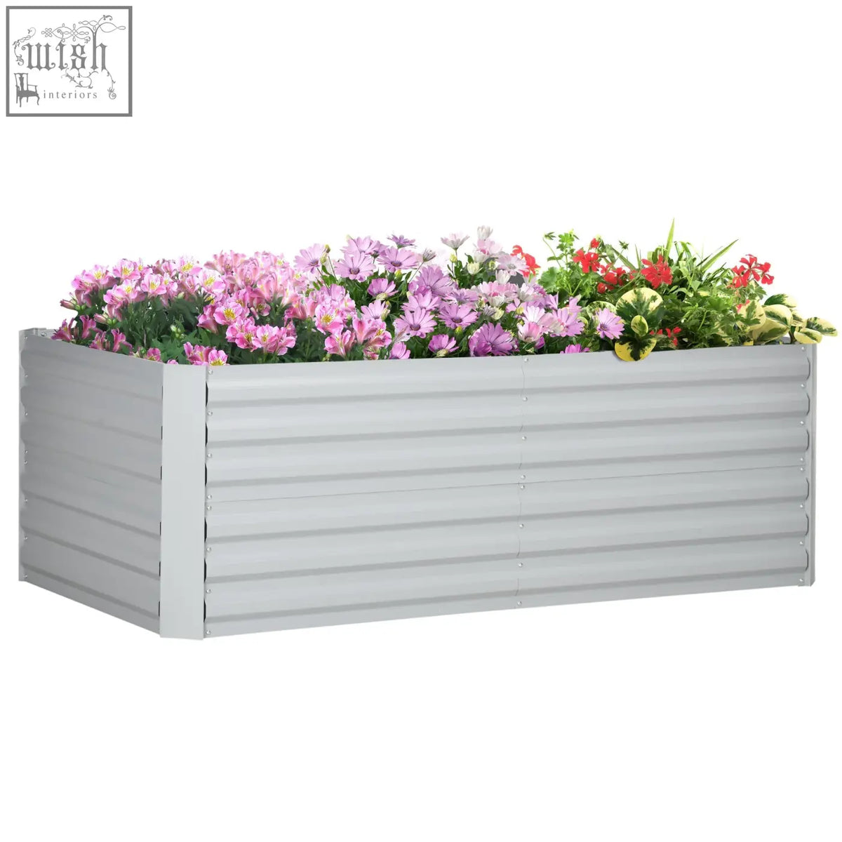 Gray corrugated metal planter with protective coating filled with purple pink and red flowers in 90cm size light grey steel bed