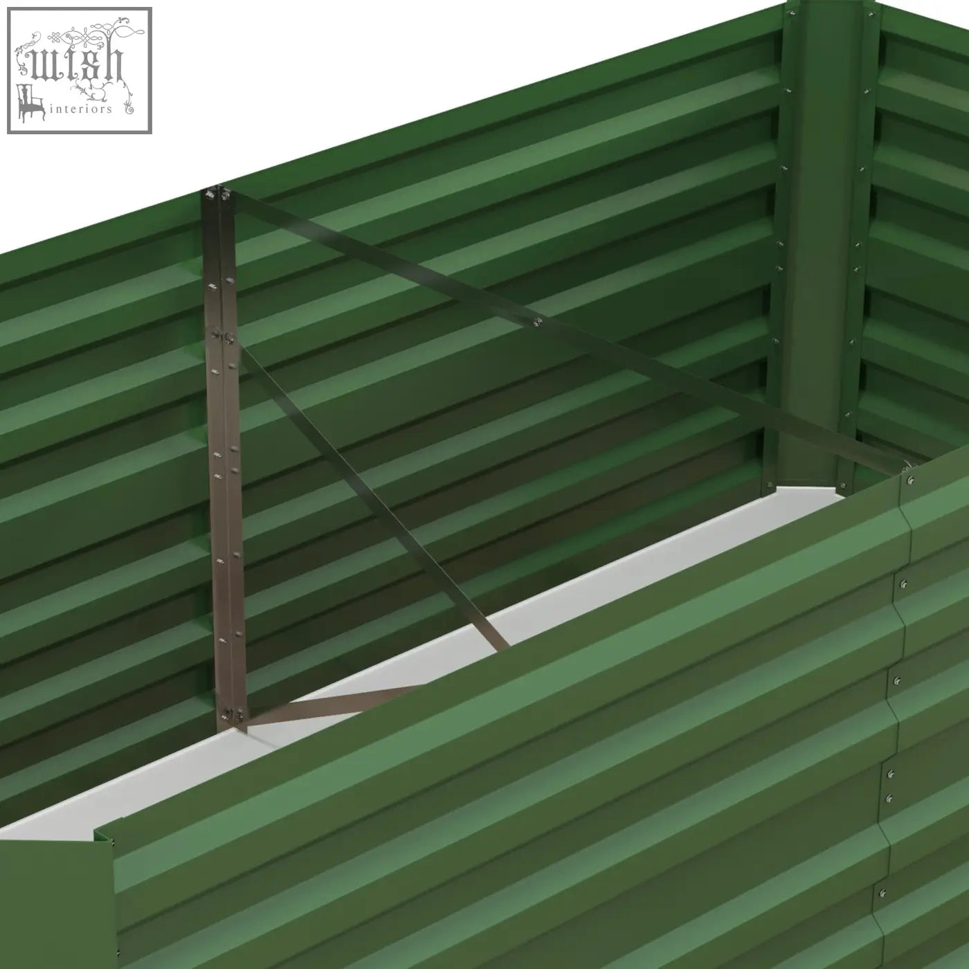 Green corrugated metal garden shed with diagonal braces made of galvanised steel and protective coating in 90cm size