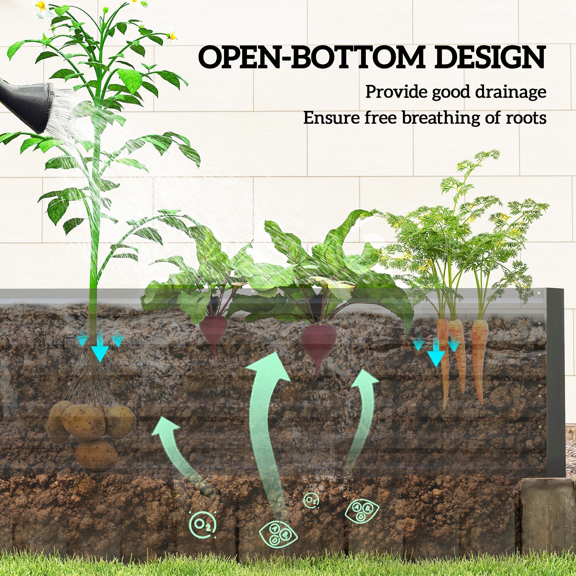 Outsunny raised bed planter in black galvanised steel with protective coating and open drainage, 90cm size with veggies