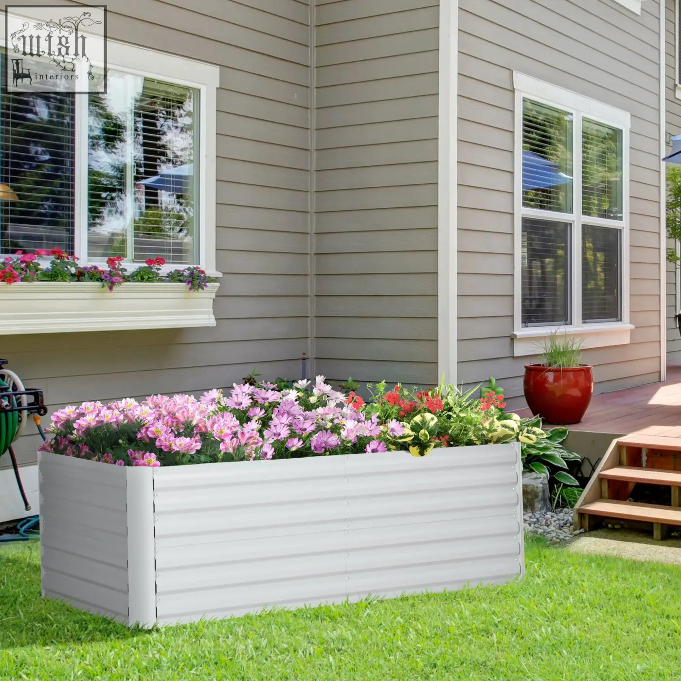 Outsunny raised bed garden planter in light grey corrugated plastic with protective coating and 90cm size filled with flowers