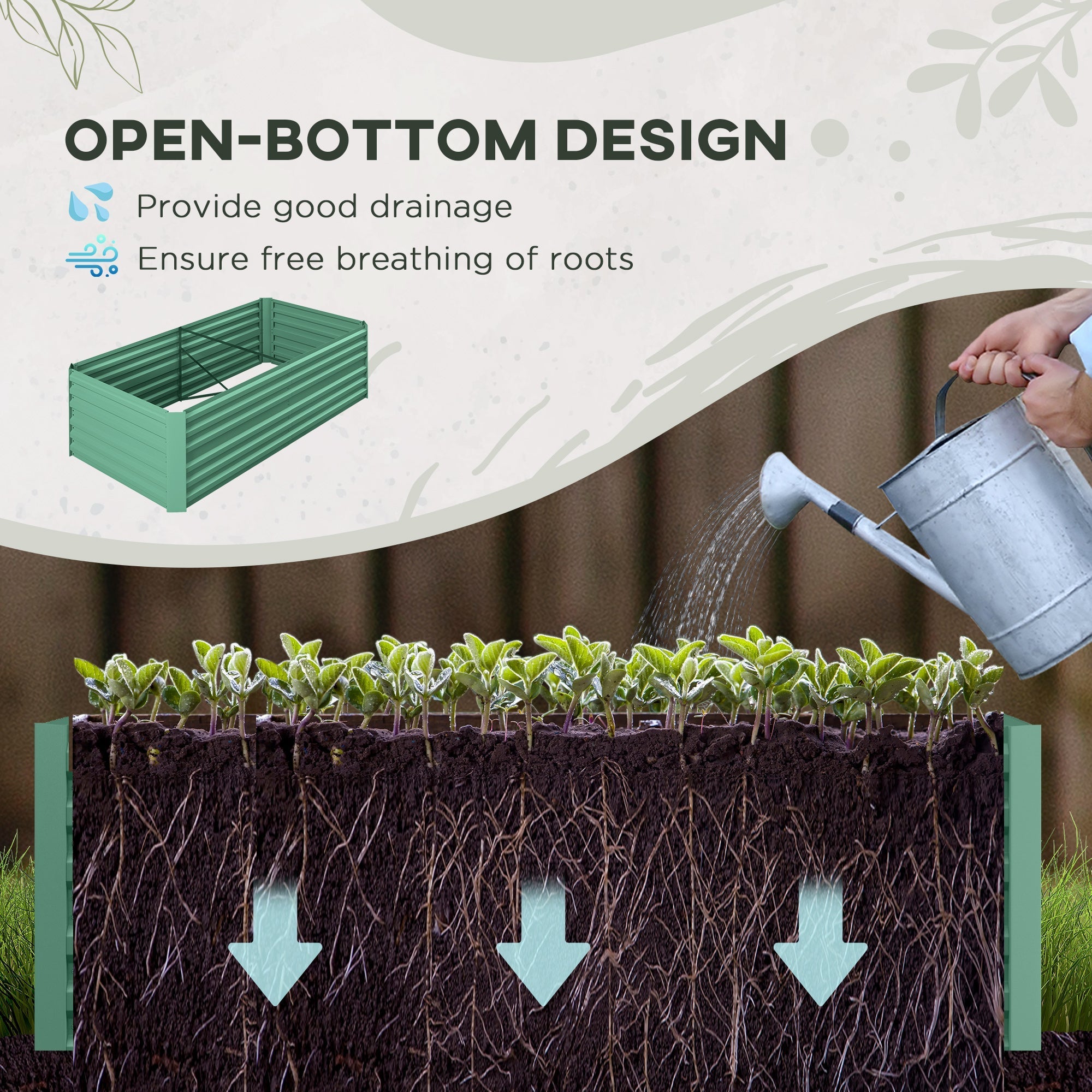Green corrugated metal outsunny raised garden bed in 90cm size with galvanised steel and protective coating