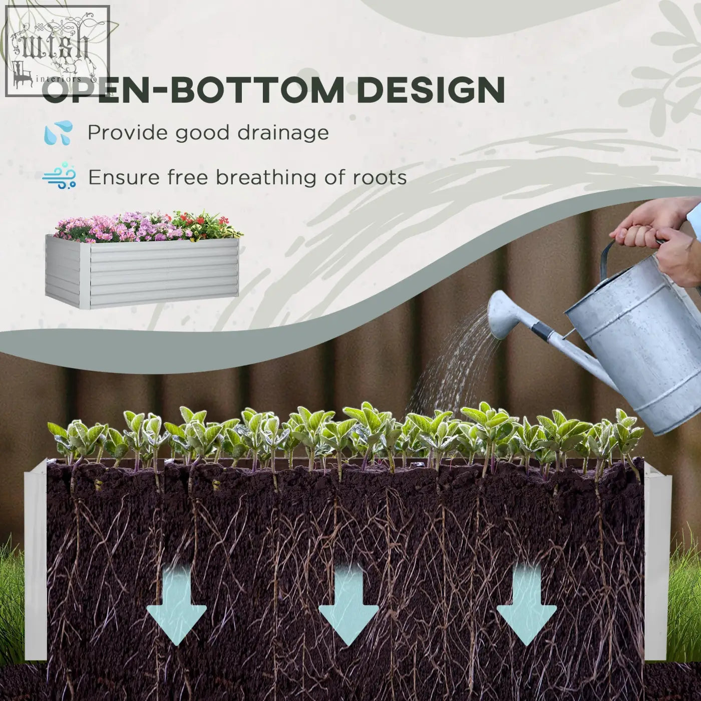 Outsunny raised bed planter in light grey with open-bottom design, protective coating, and 90cm size for drainage