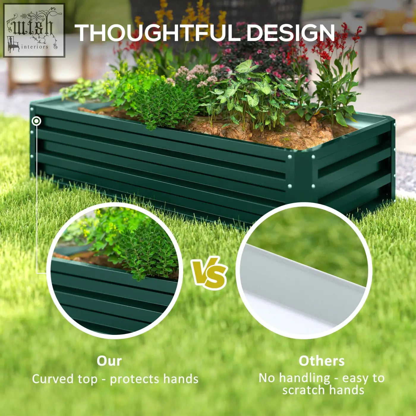 Dark green rectangular raised garden bed with curved top and horizontal slats made of powder coated steel panels