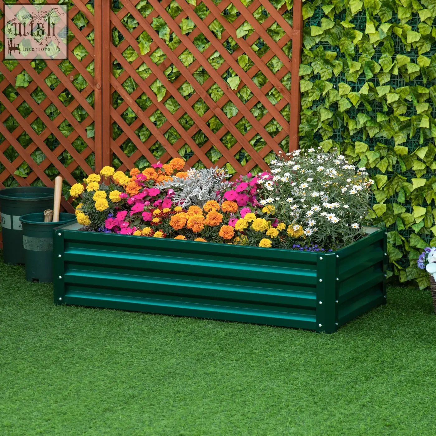 Green powder coated steel Outsunny raised bed planter filled with colorful flowers for patio and garden use