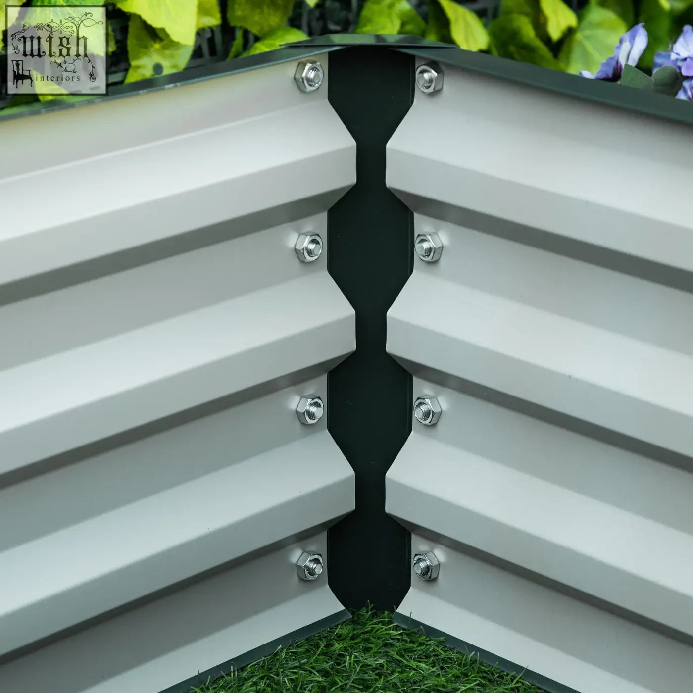 Gray powder coated steel garden planter with black corner joints and silver bolts for herbs and vegetables