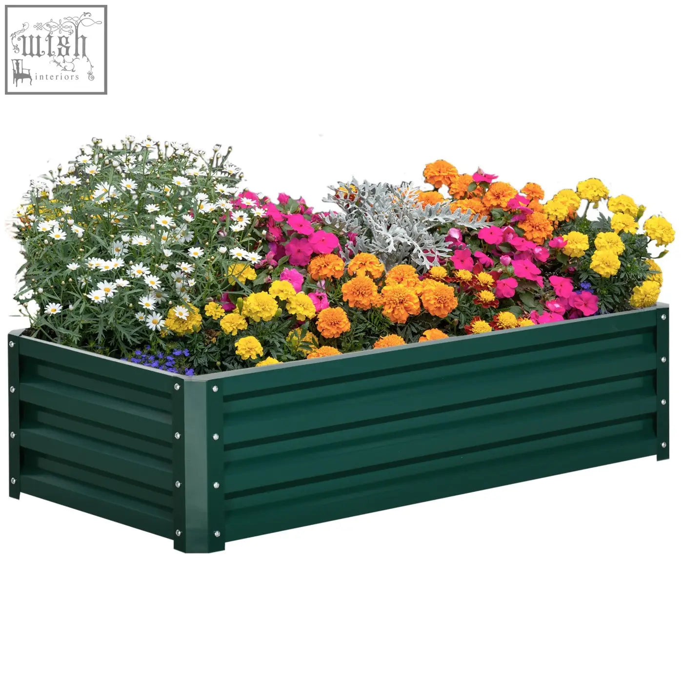 Dark green ribbed metal outsunny raised bed planter made of powder coated steel panels with colorful flowers for garden use