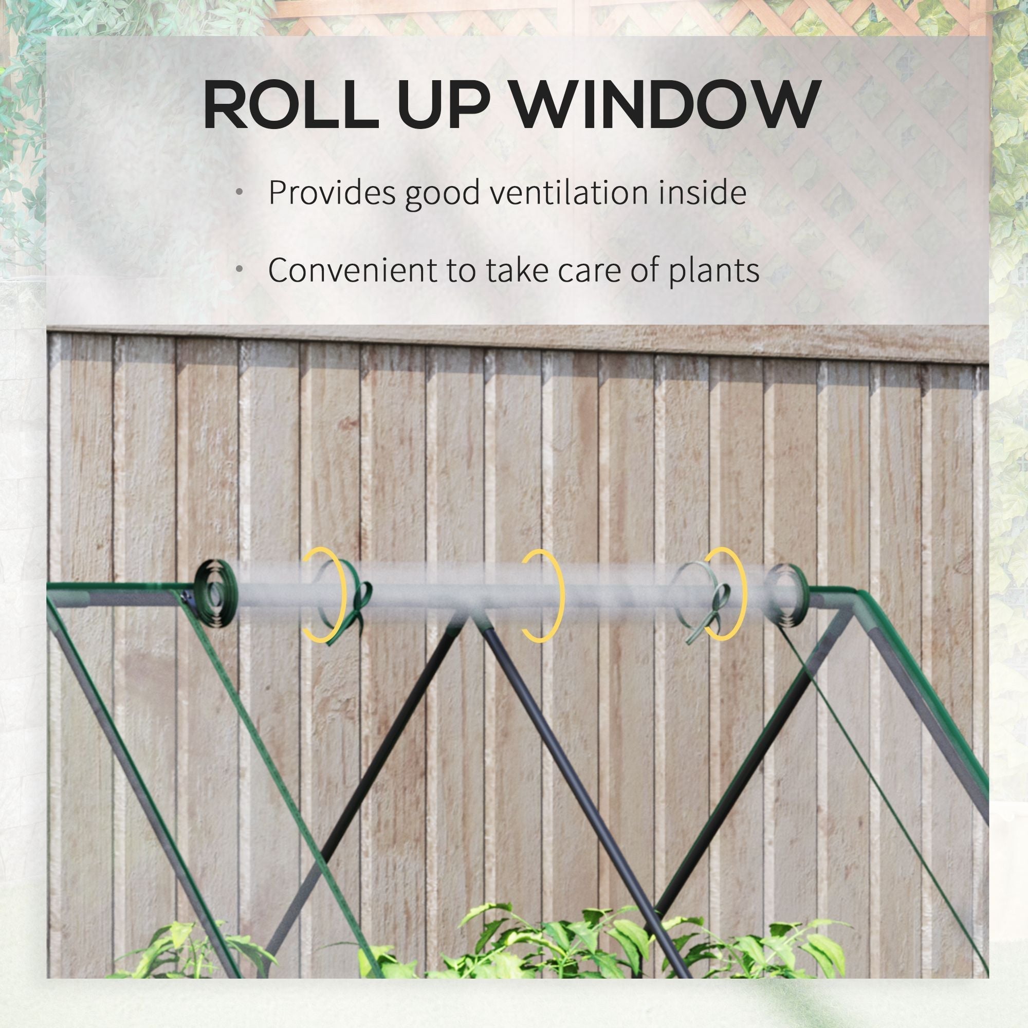 Green metal roll up window garden trellis with black legs on outsunny raised garden bed with plastic cover