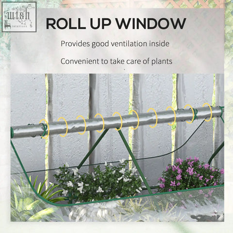 Green metal roll-up window garden trellis with silver bar and yellow hooks on outsunny raised garden bed plastic cover