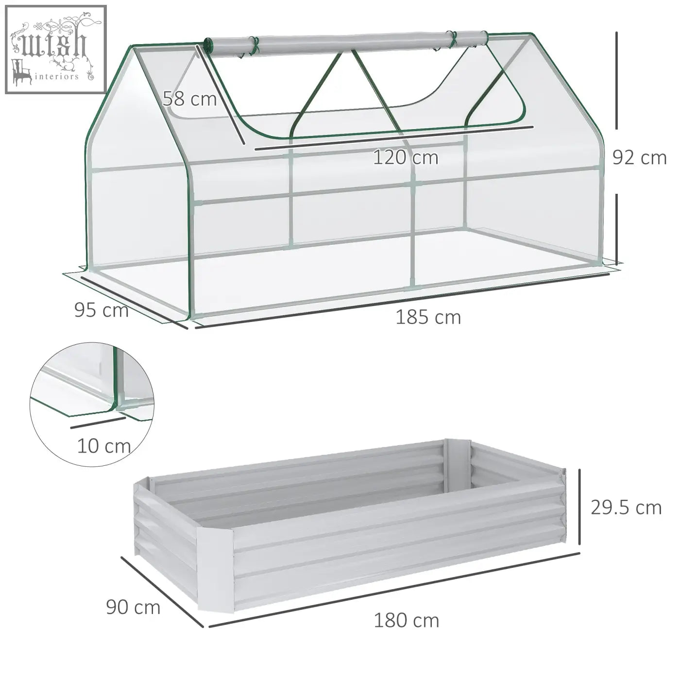 Clear plastic greenhouse with white metal frame and attached gray raised garden bed with plastic cover for growing plants