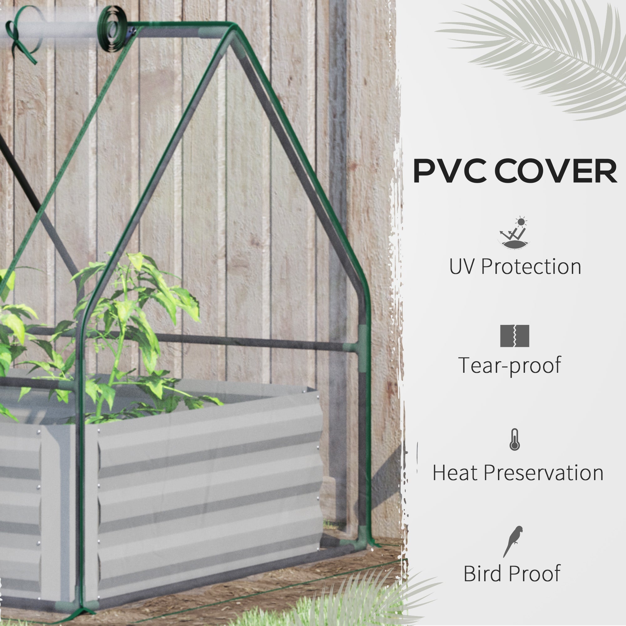 Green pvc covered raised garden bed with plastic cover and corrugated metal base for flowers and vegetables