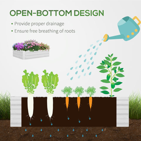 White raised garden bed with vertical corrugated steel sides and clear plastic cover for flowers and veggies