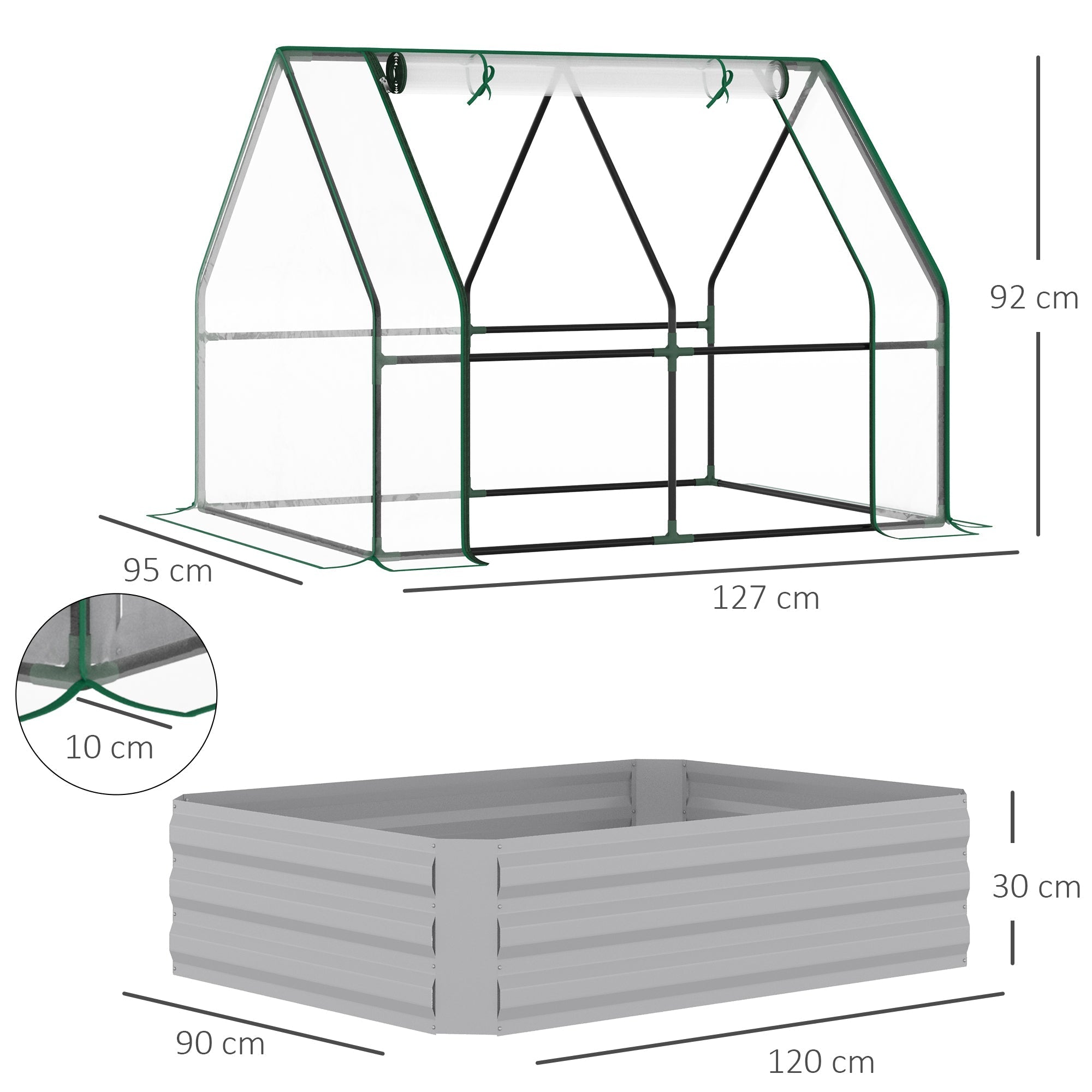 Outsunny green-framed raised garden bed with plastic cover and steel planter box for flowers and veggies