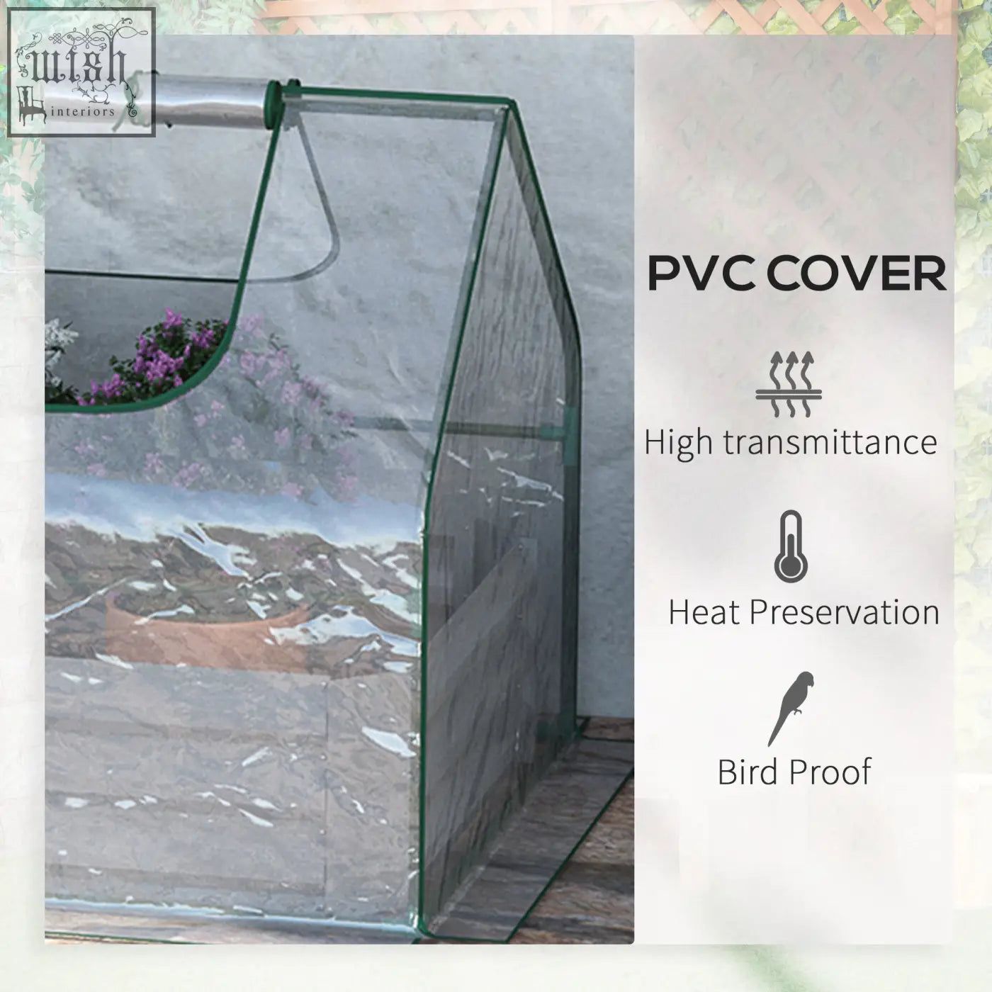 Outsunny raised garden bed with clear plastic cover and green metal frame greenhouse showing purple flowers inside