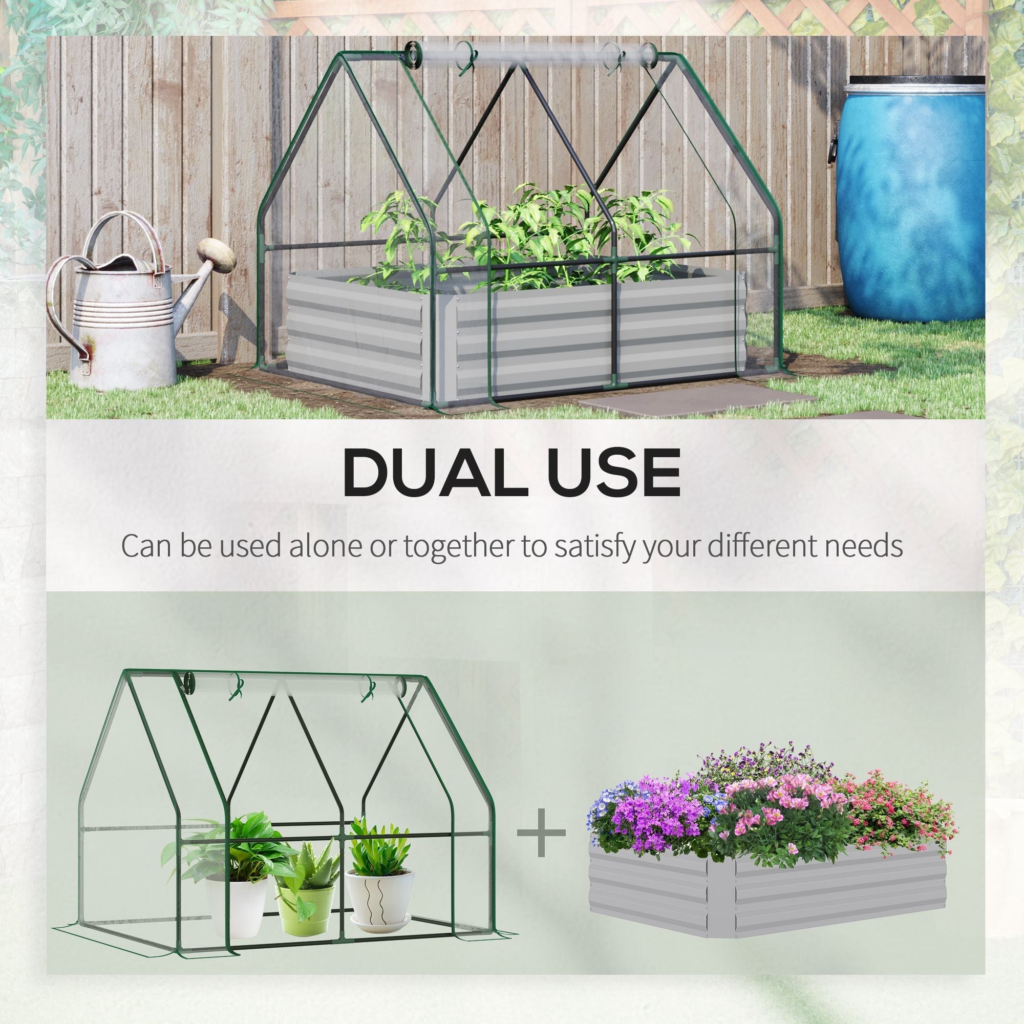 Gray metal raised garden bed with clear plastic cover greenhouse and green steel frame for flowers and veggies