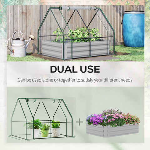 Gray metal raised garden bed with clear plastic cover greenhouse and green steel frame for flowers and veggies