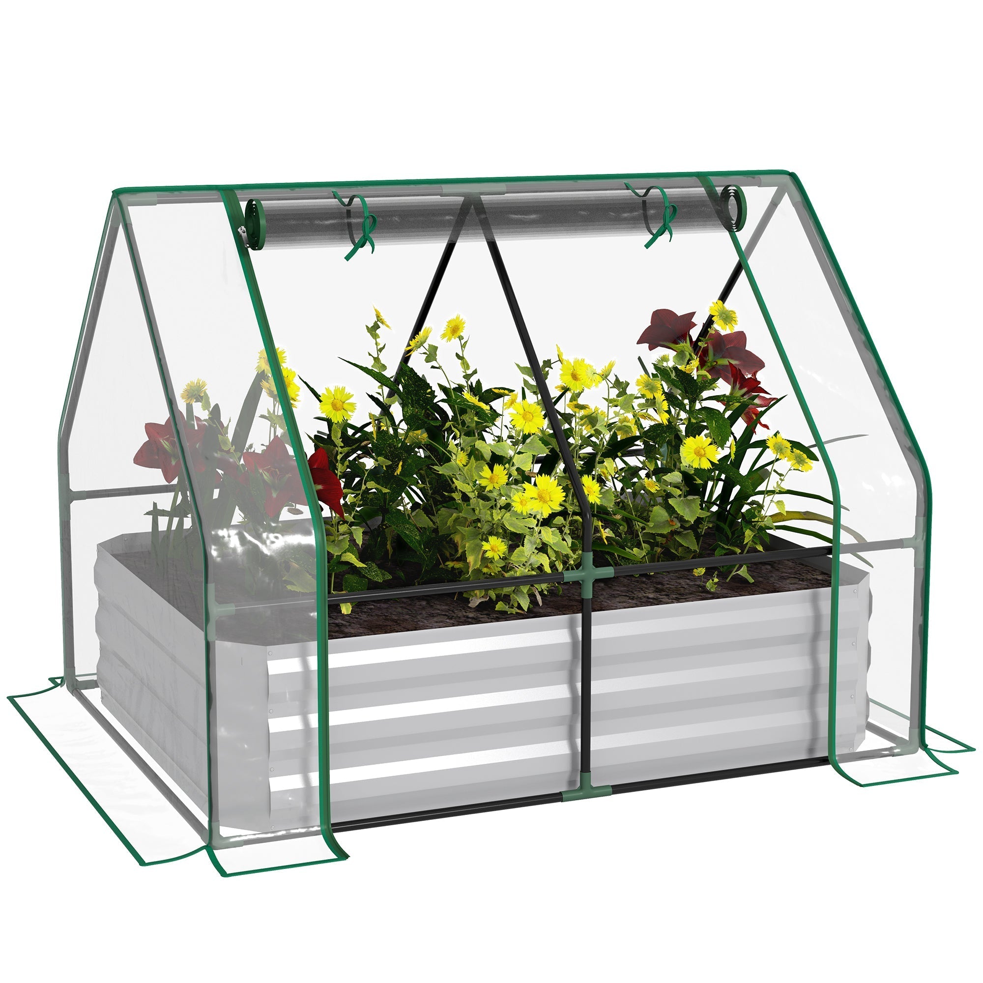 Outsunny raised garden bed with green metal frame plastic cover and corrugated metal base housing yellow and red flowers