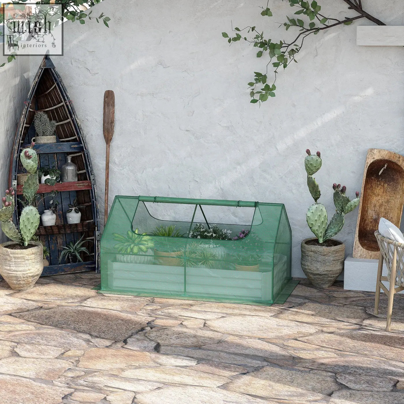 Outsunny raised garden bed with green plastic cover greenhouse and metal frame for flowers vegetables and herbs
