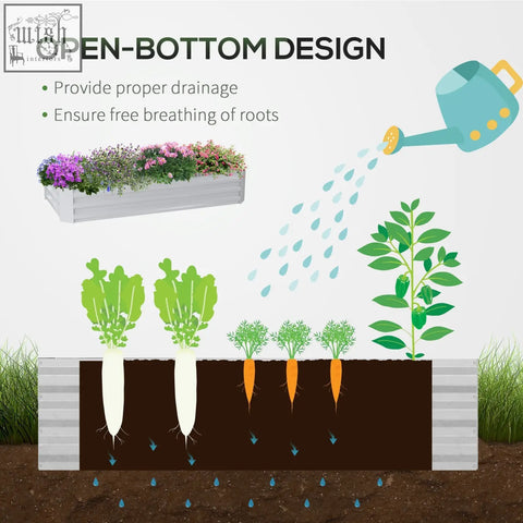 White metal raised garden bed with open bottom design for drainage and plastic cover for growing flowers and veggies