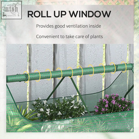 Green roll-up mesh window with metal frame on outsunny raised garden bed plastic cover for vegetables and herbs