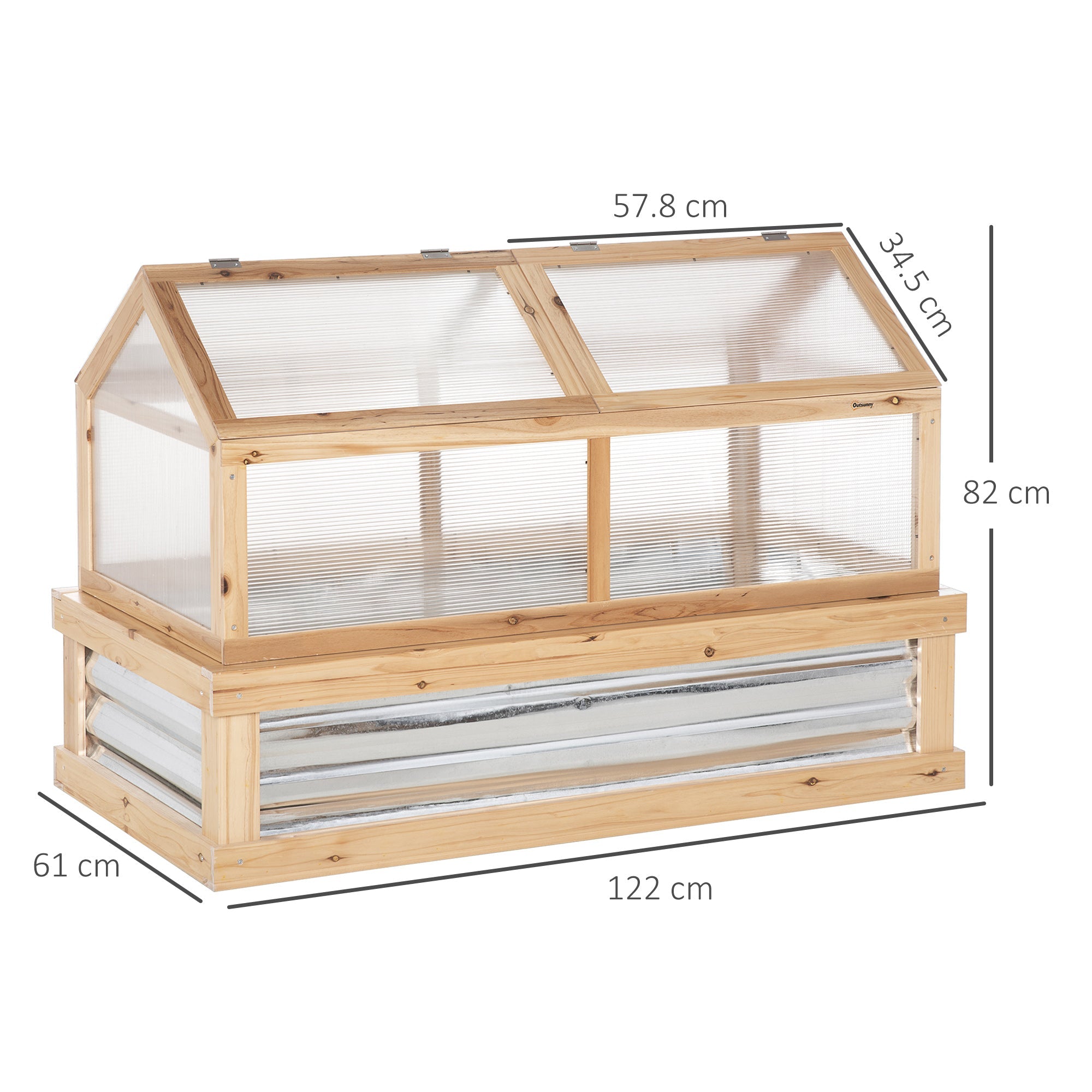 Outsunny raised garden bed cold frame with two-tiered natural wood greenhouse and reflective insulation lining