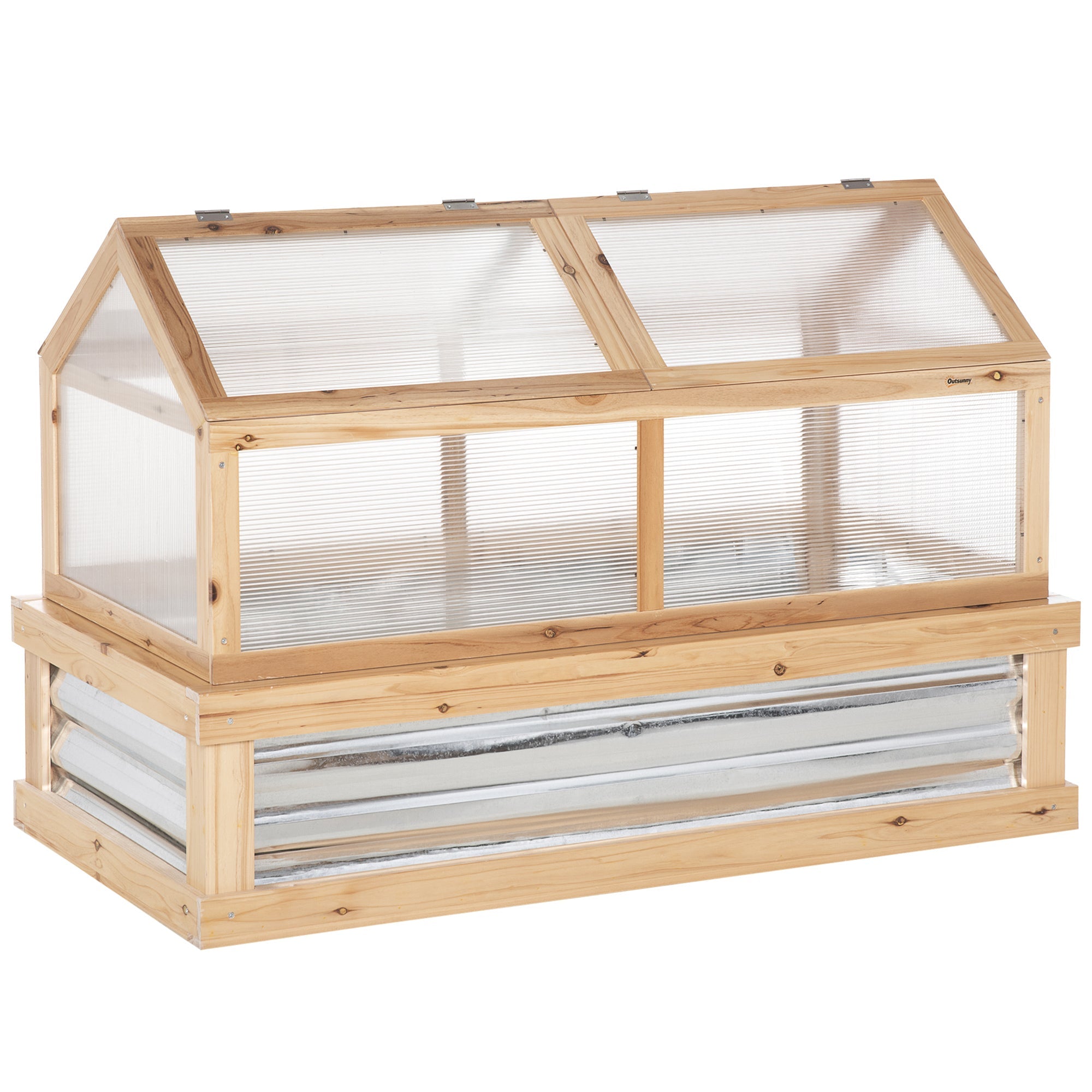 Light-colored wooden cold frame greenhouse with gabled roof and translucent ridged glass panels for garden protection