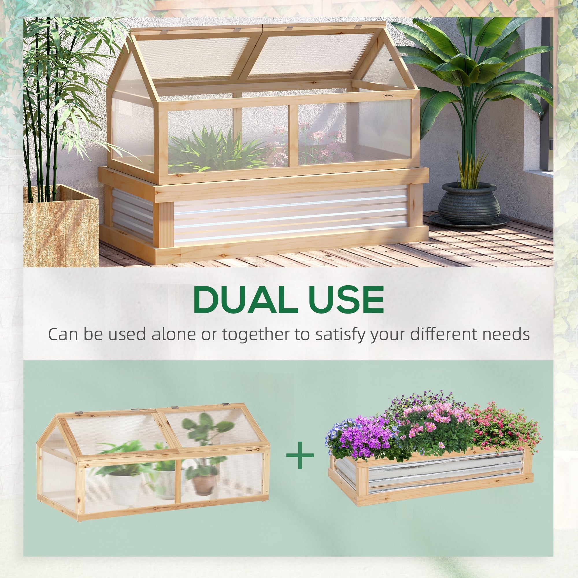 Light-colored wooden cold frame greenhouse with clear glass panels and corrugated metal base for garden protection