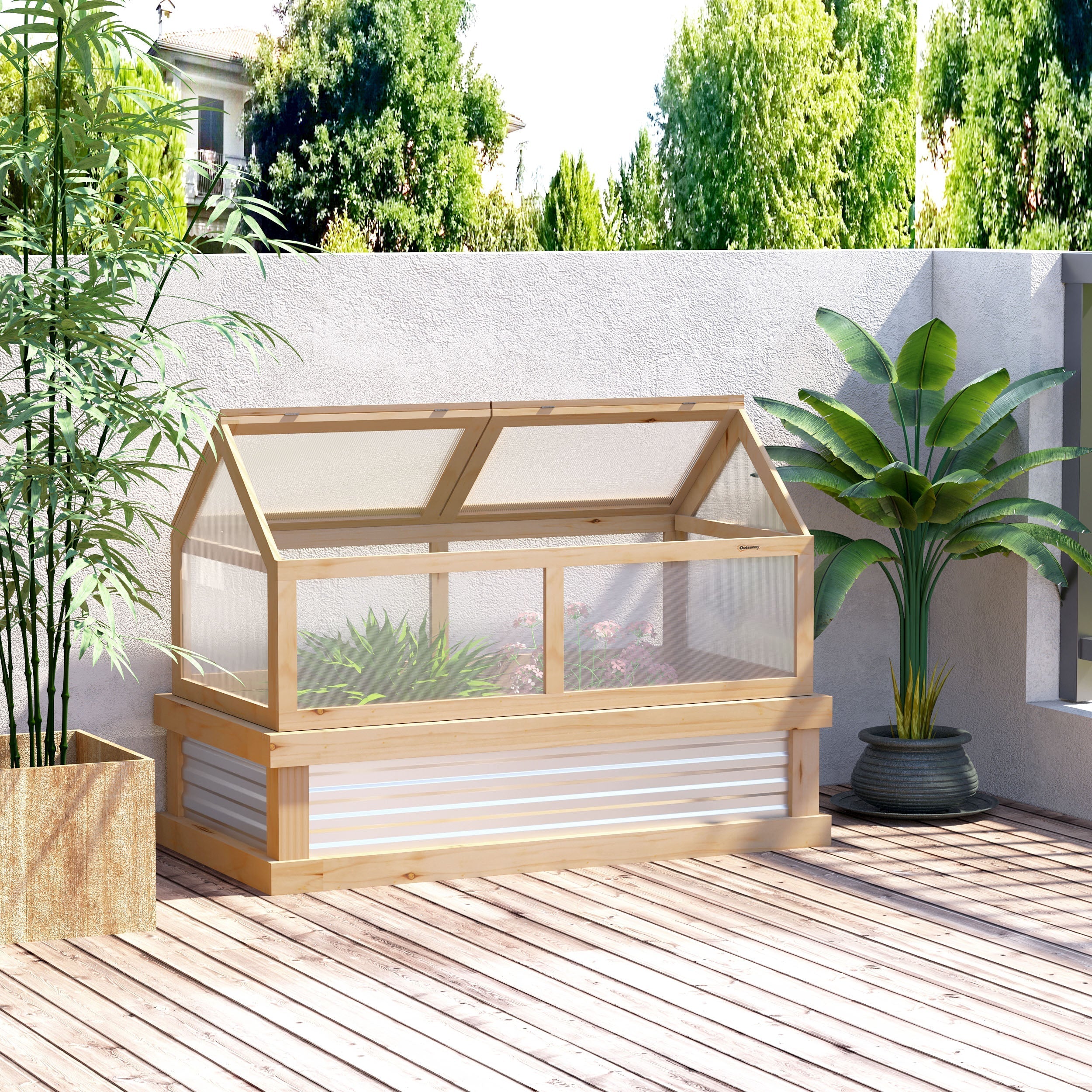 Outsunny raised garden bed with light wood cold frame greenhouse top and corrugated metal base for plant protection