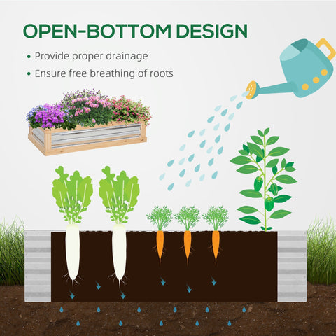 Wooden planter with metal sides and open bottom design filled with colorful flowers in outsunny cold frame garden bed