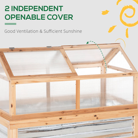 Light wooden cold frame greenhouse with two translucent corrugated plastic covers for plant protection