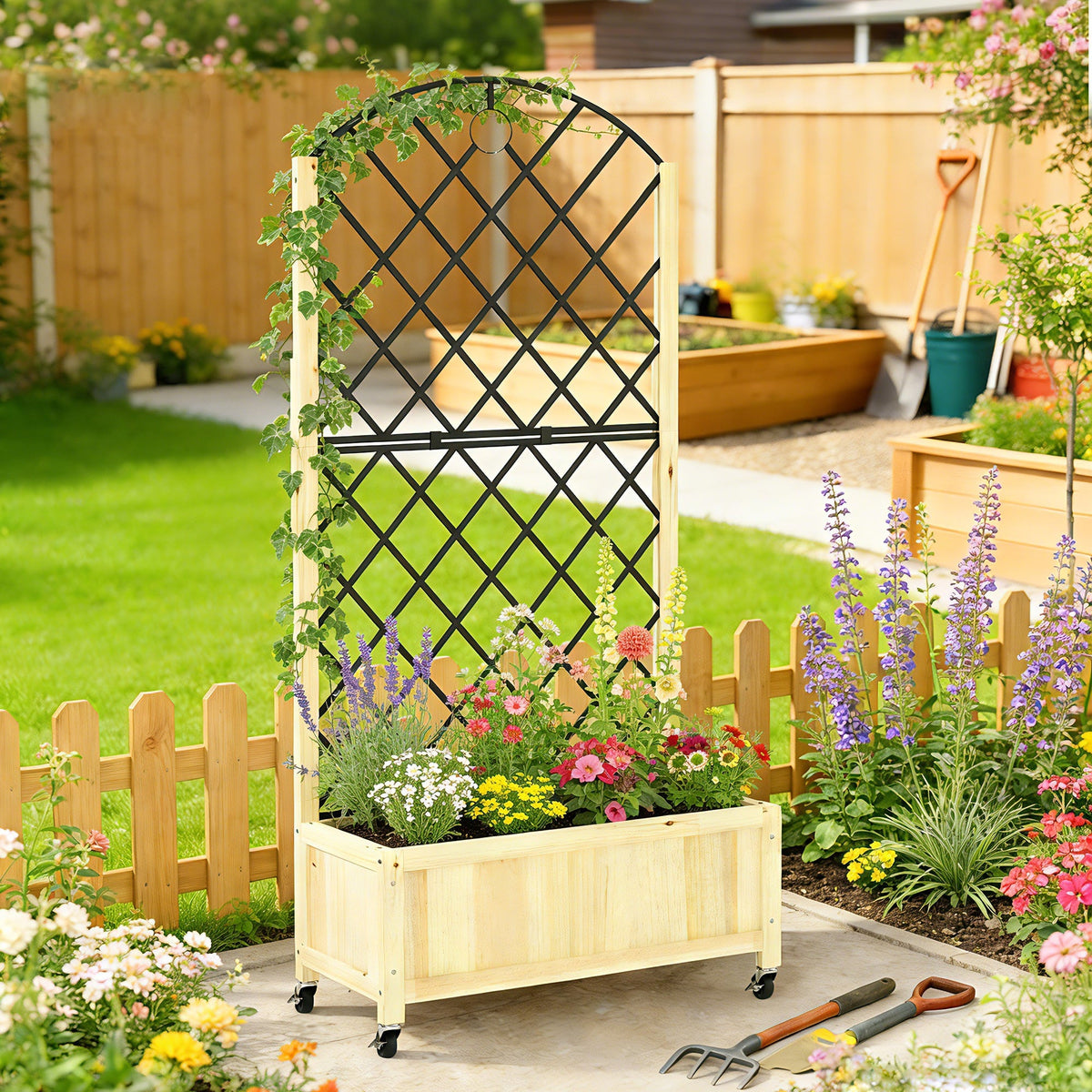 Light-colored wooden raised garden bed with black metal lattice trellis and lockable wheels for outdoor gardening