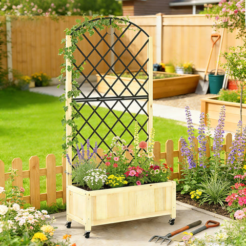 Light-colored wooden raised garden bed with black metal lattice trellis and lockable wheels for outdoor gardening