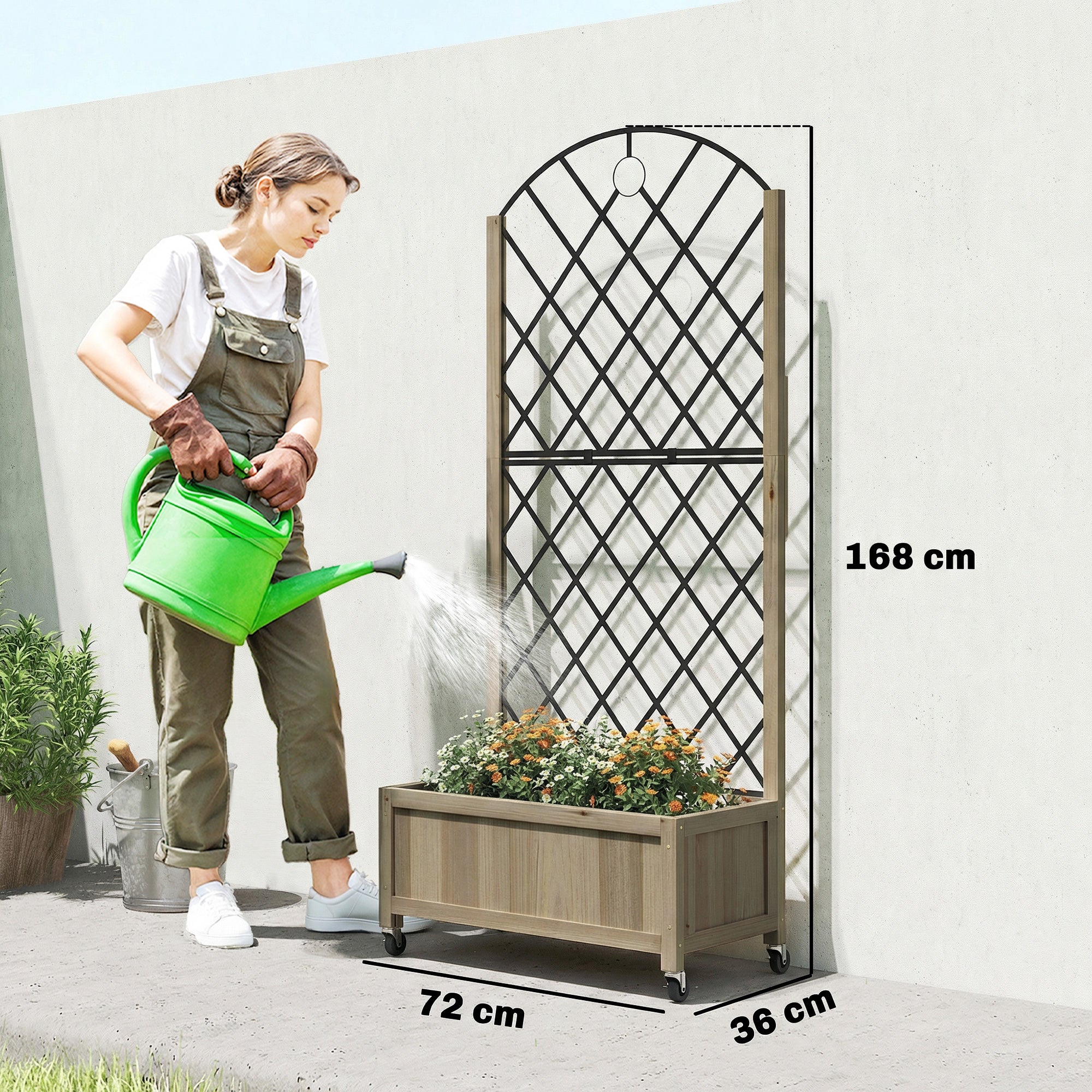 Outsunny raised garden bed with black metal trellis and wooden base on lockable wheels for outdoor gardening