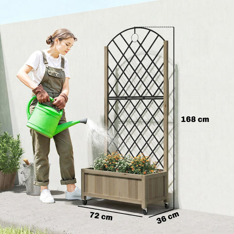 Outsunny raised garden bed with black metal trellis and wooden base on lockable wheels for outdoor gardening