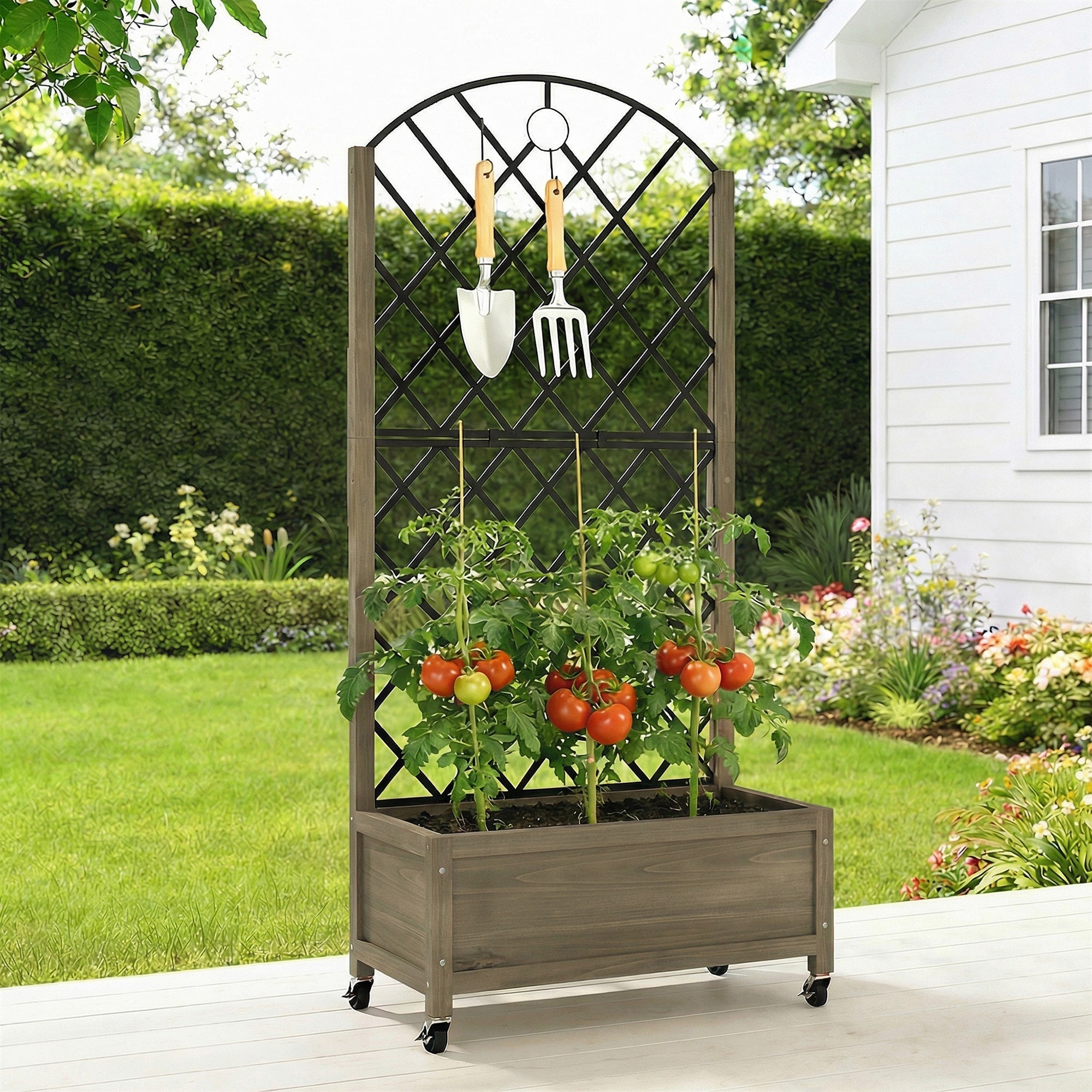 Outsunny gray wooden raised garden bed with black metal trellis wheels and hanging gardening tools outdoors