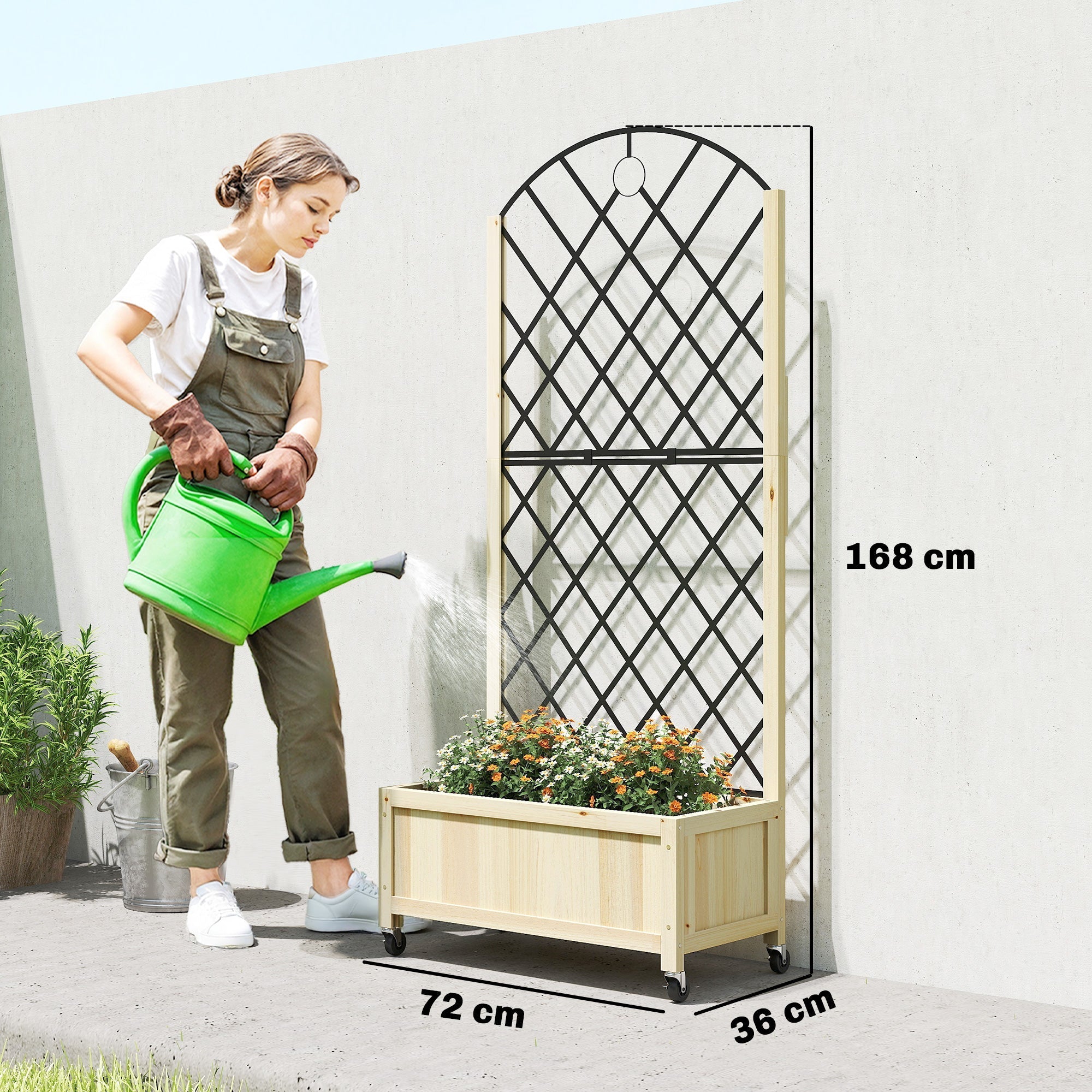Light wood outsunny raised garden bed with black metal lattice trellis and lockable caster wheels for outdoor gardening