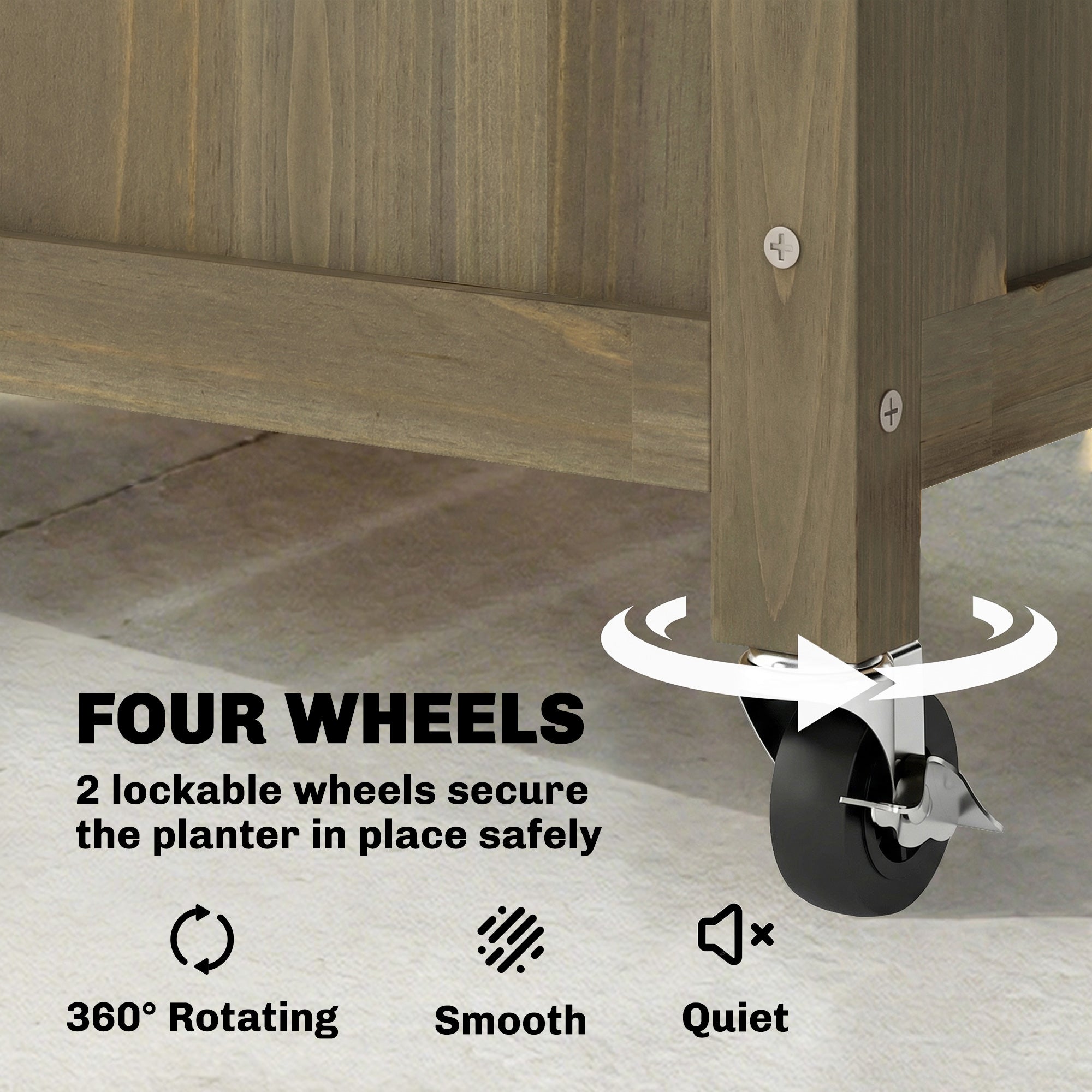 Black rubber wheel with metallic lock on a wooden planter stand of outsunny raised garden bed carbonised