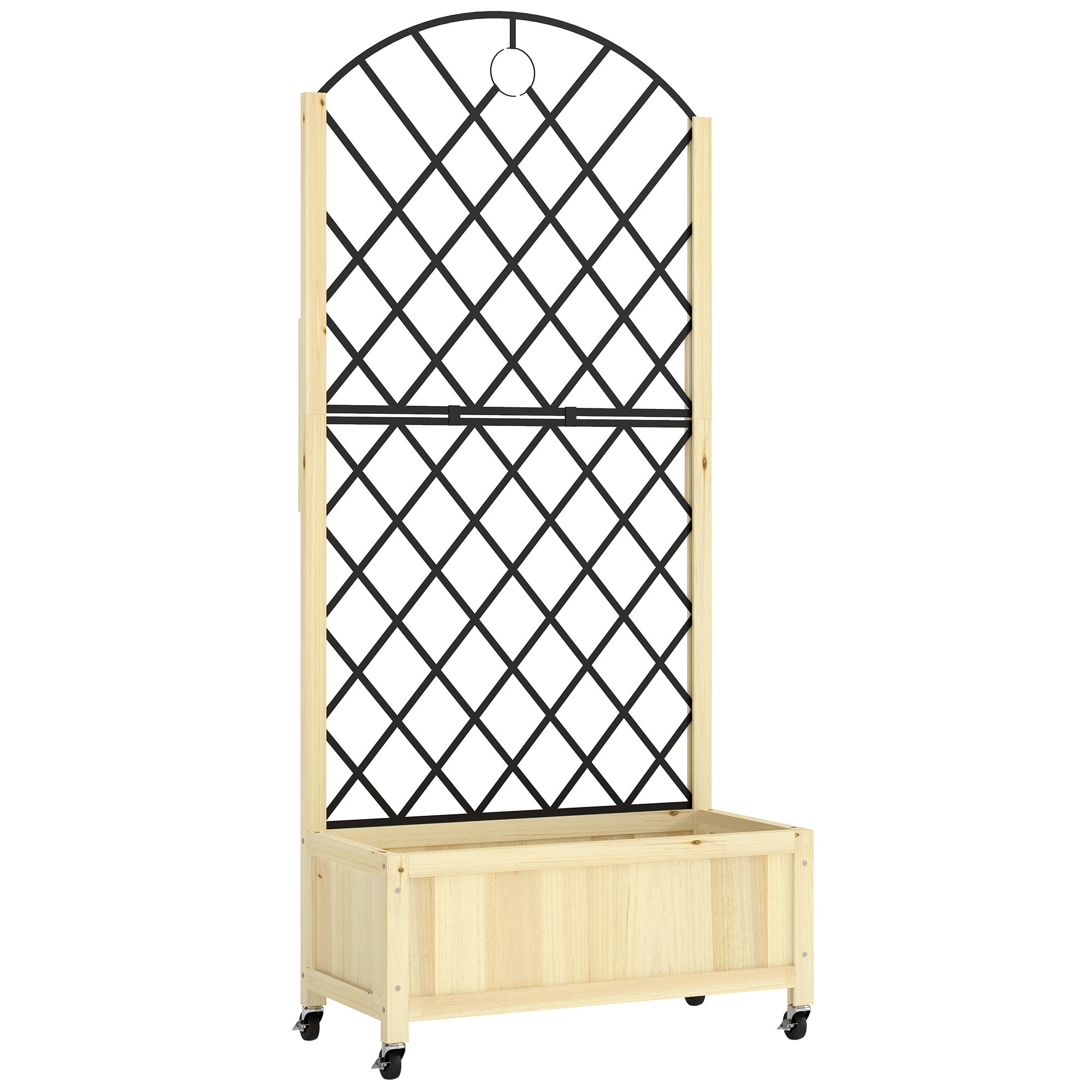 Outsunny raised garden bed with light wood planter box, black metal arched trellis, and lockable wheels for easy outdoor use