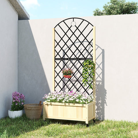 Back view of light wooden outsunny raised garden bed with black metal trellis and lockable wheels for outdoor gardening