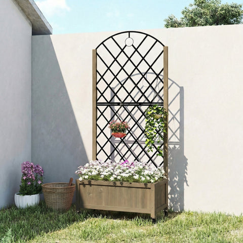 Wooden carbonised raised garden bed with black metal lattice trellis and lockable wheels for outdoor gardening