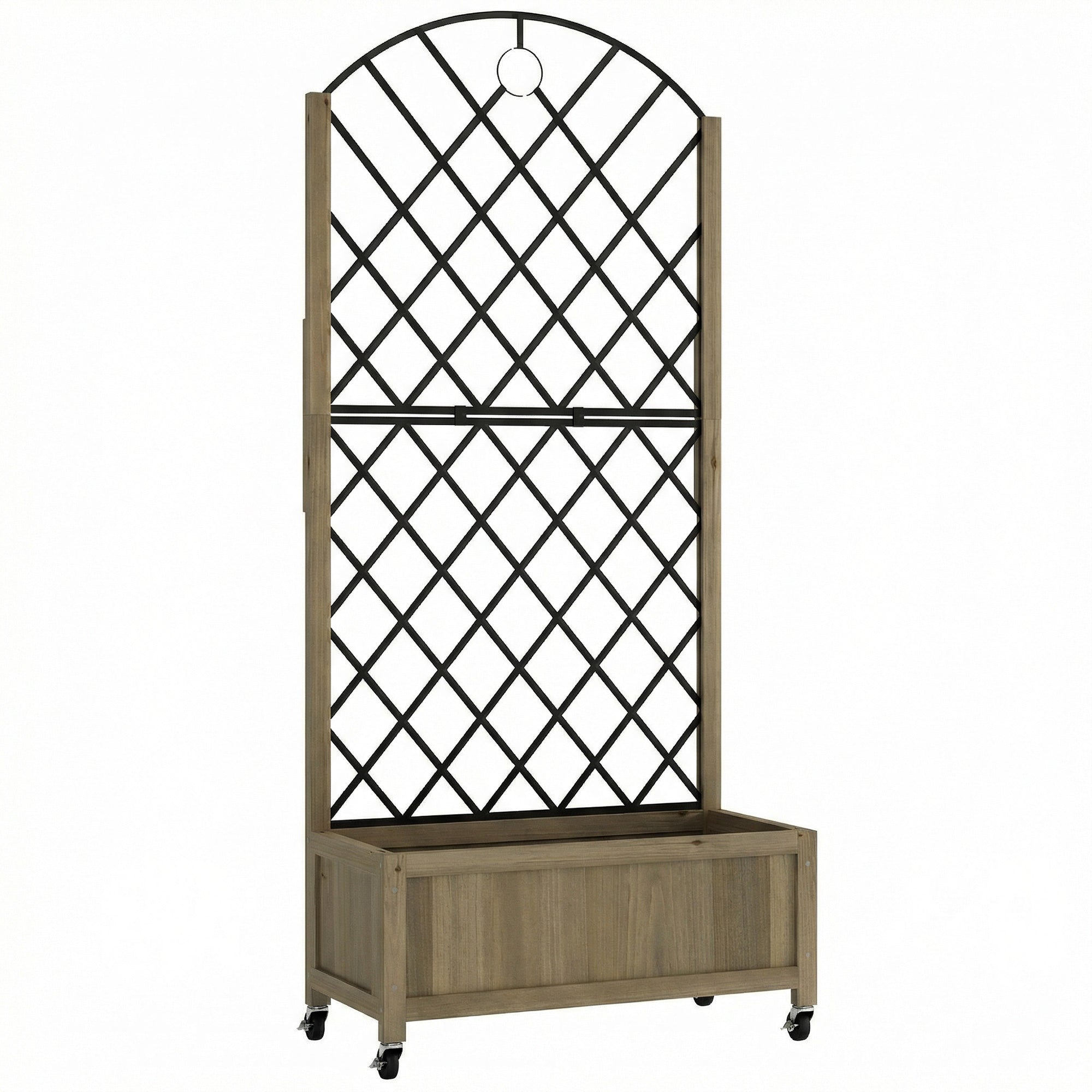 Rustic wooden raised garden bed with black metal trellis and arched top featuring storage base from outsunny