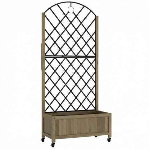 Rustic wooden raised garden bed with black metal trellis and arched top featuring storage base from outsunny