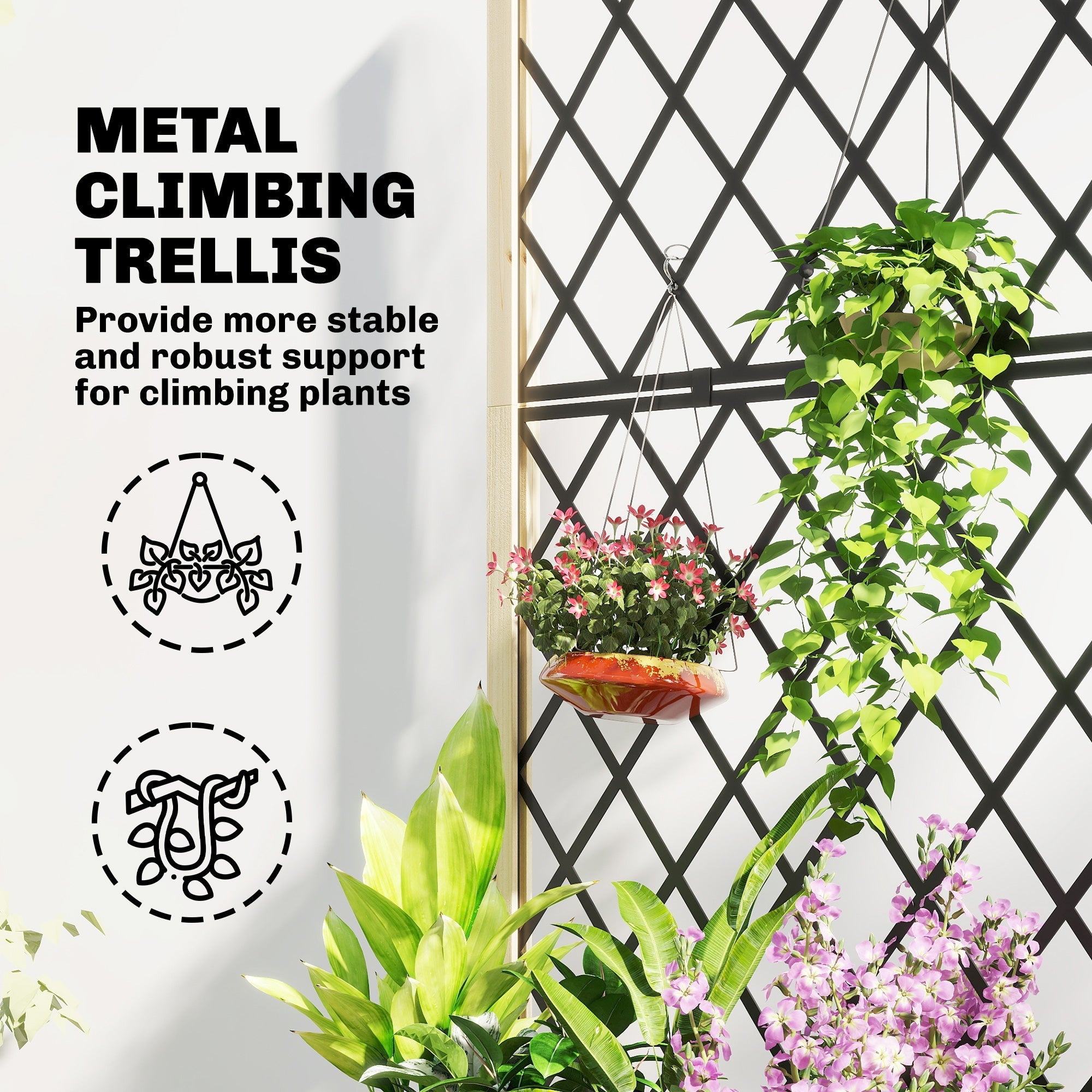 Black metal climbing trellis with diamond lattice design on outsunny raised garden bed wooden planter box with wheels