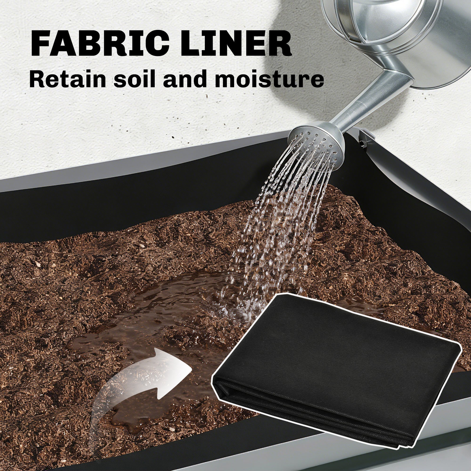 Black fabric liner designed to retain soil and moisture inside outsunny raised planter with steel legs for outdoor gardening