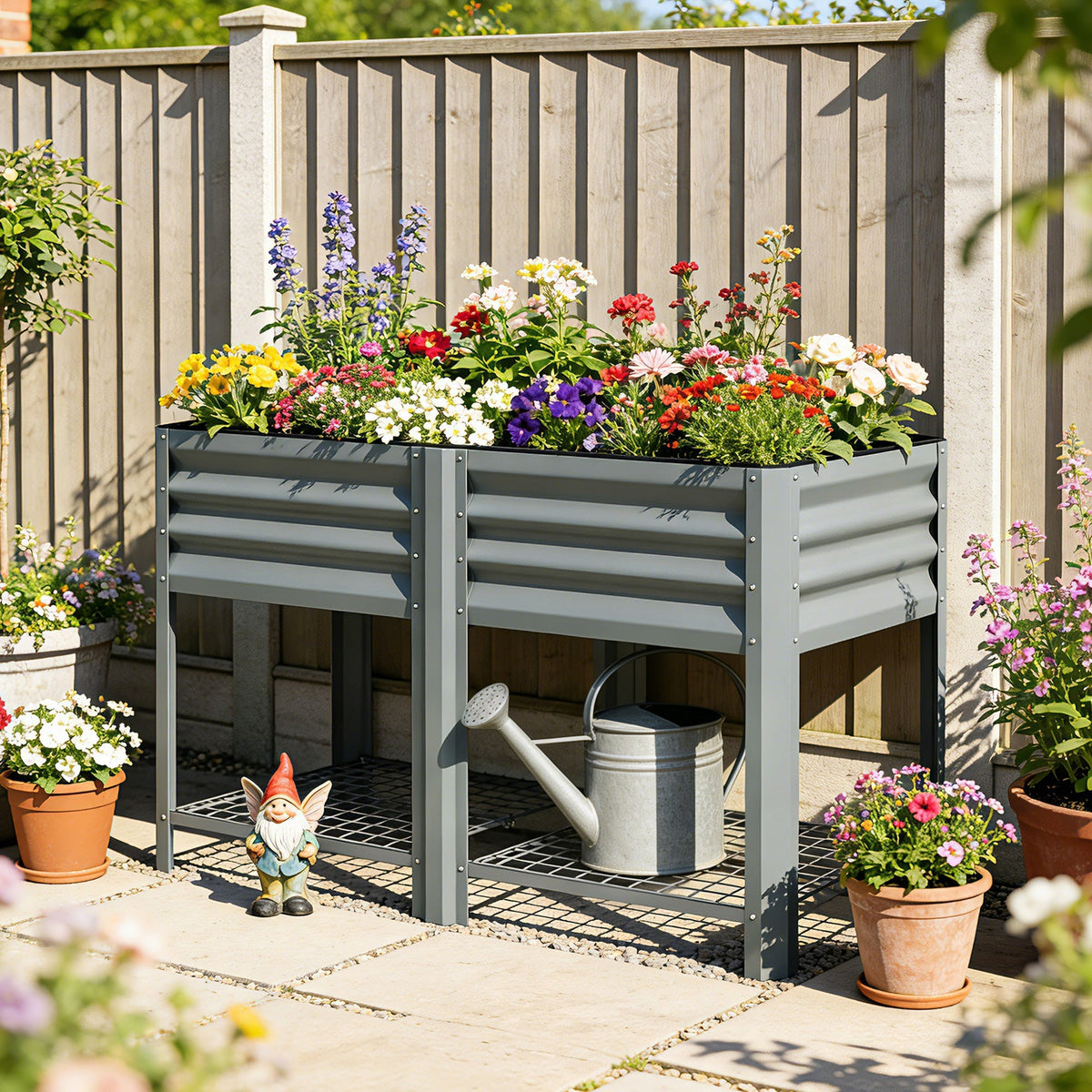 Gray corrugated metal outsunny raised planter with lower storage shelf holding watering can and gnome for outdoor gardening