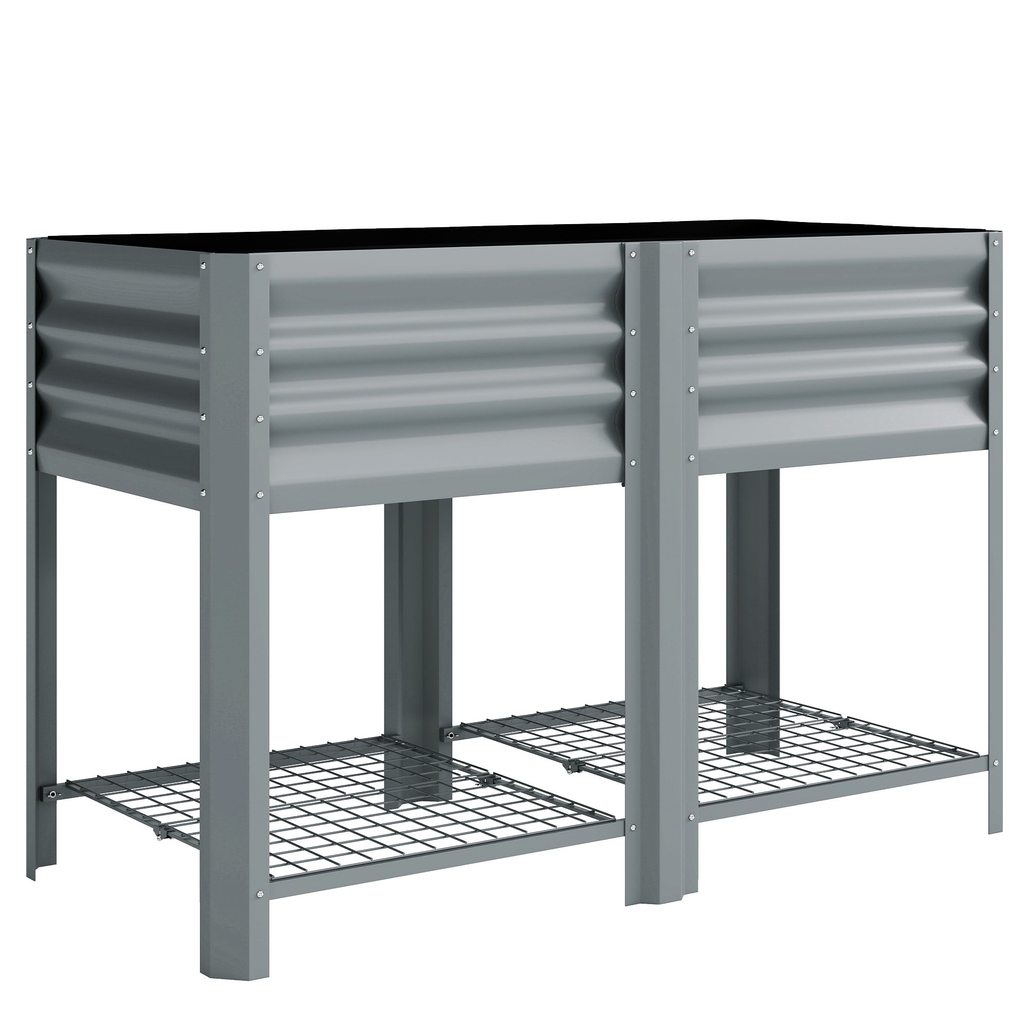 Gray corrugated metal outsunny raised planter with wire mesh storage shelf and steel legs for outdoor gardening