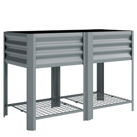 Gray corrugated metal outsunny raised planter with wire mesh storage shelf and steel legs for outdoor gardening
