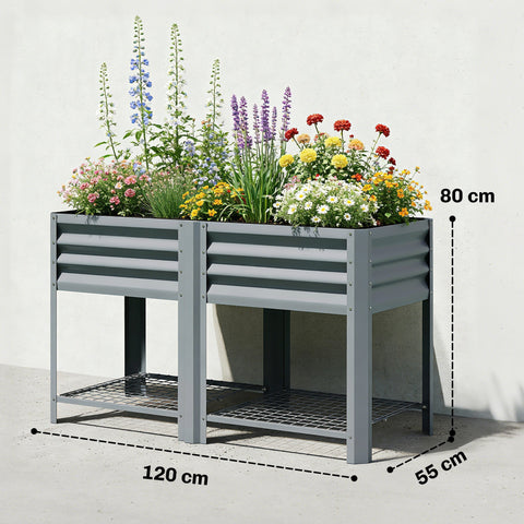 Gray outsunny raised planter made of corrugated metal with wire mesh shelf filled with flowers and tall plants