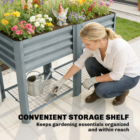 Gray corrugated metal outsunny raised planter with lower wire mesh shelf and legs for outdoor vegetables and flowers